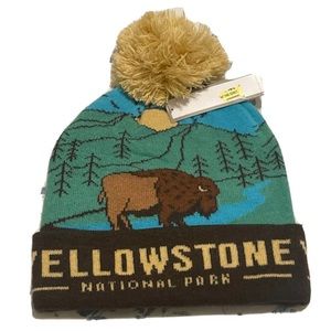 National Park Yellowstone Bison Cuffed Knit Beanie Hat with Pom